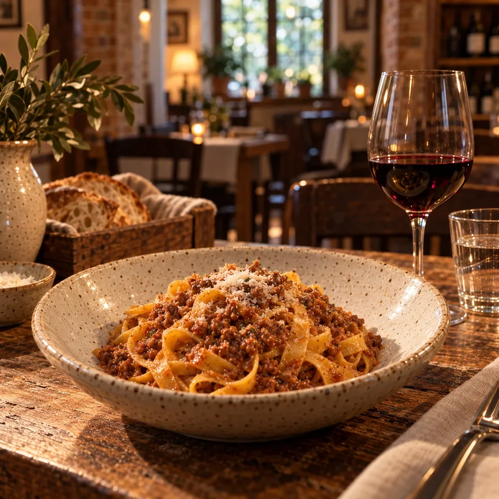 Tagliatelle al ragù servite in una ciotola di ceramica artigianale color crema su un tavolo di legno, con parmigiano grattugiato e un calice di vino rosso.