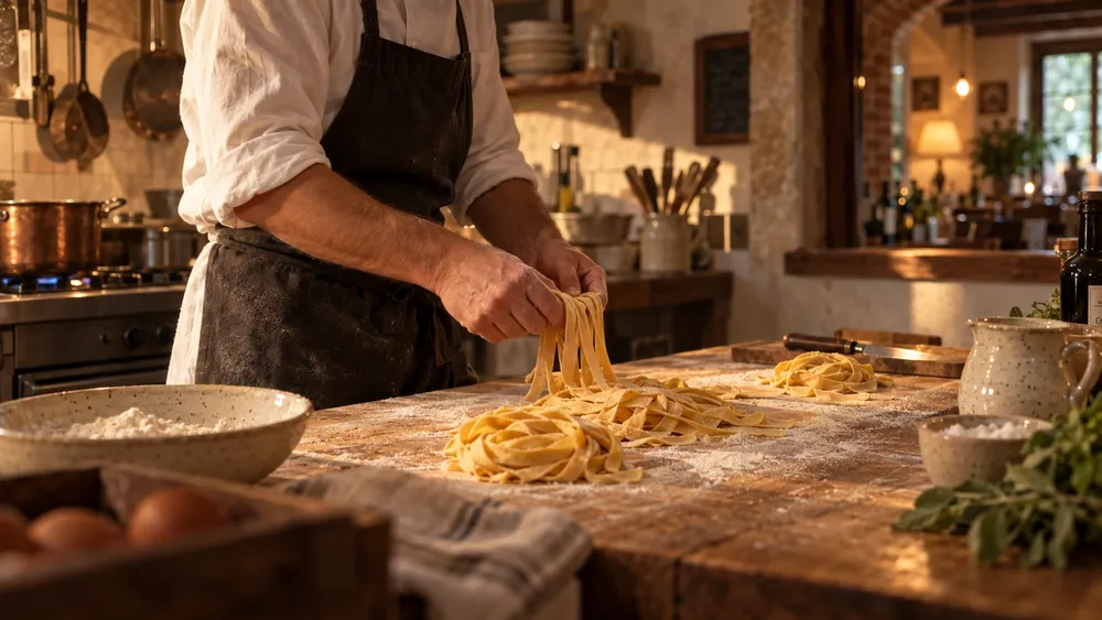 Le mani del cuoco sollevano la sfoglia fresca su un tavolo di legno infarinato, con nidi di tagliatelle e, sullo sfondo, l’arco della sala.