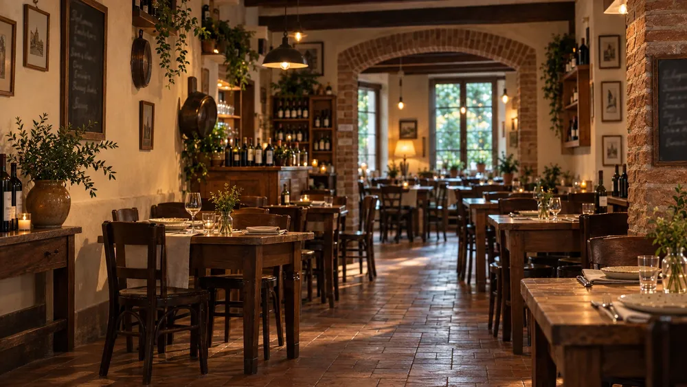Sala di una trattoria vista in profondità: tavoli in legno con tovagliato in lino chiaro, arco e pilastro in mattone, mensole di bottiglie, pavimento in cotto e luce calda di fine giornata.
