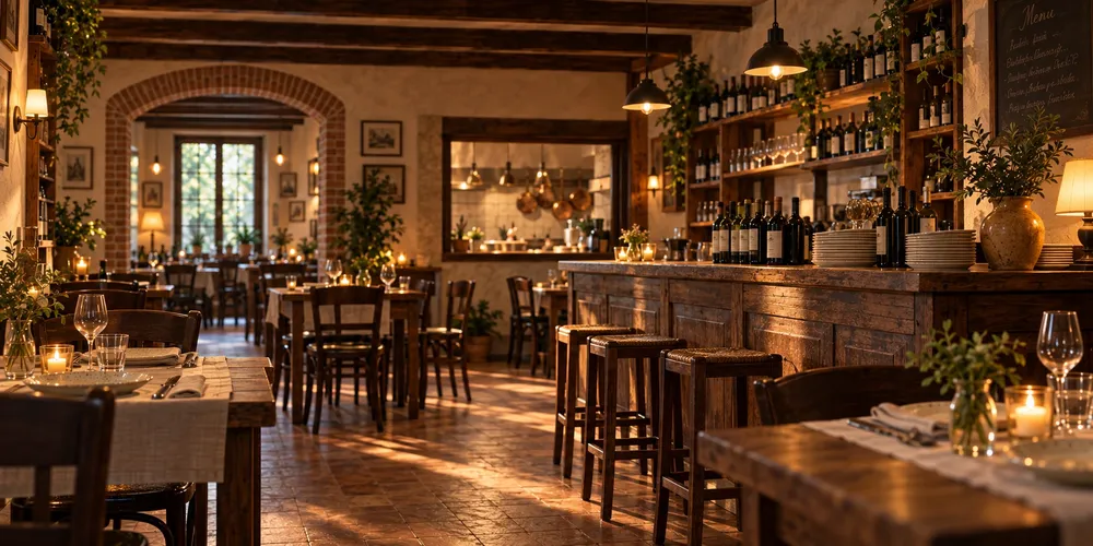 Angolo della stessa trattoria verso il bancone: parete di bottiglie, sgabelli, una finestra di passaggio sulla cucina, tavoli in legno e pavimento in cotto.