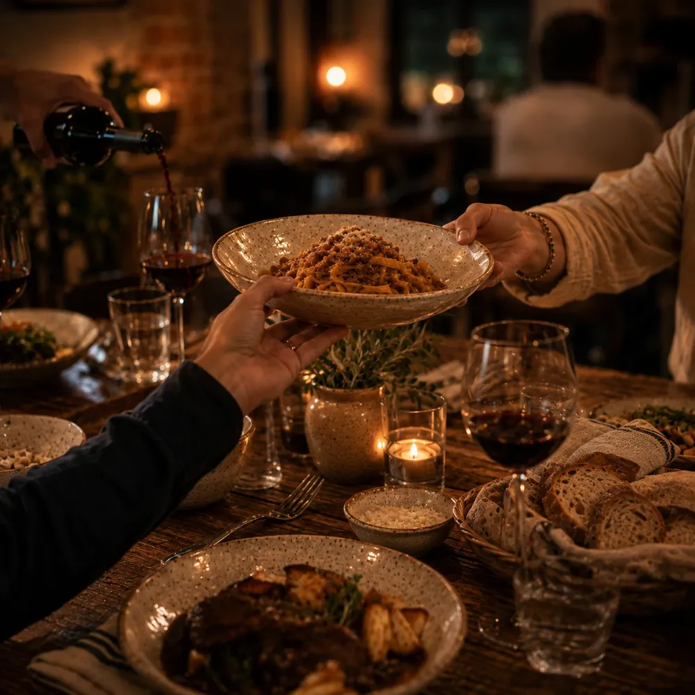 Tavolo condiviso di sera: due mani si passano una ciotola di pasta mentre un’altra versa il vino, pane e calici sul lino, nessun volto in inquadratura.