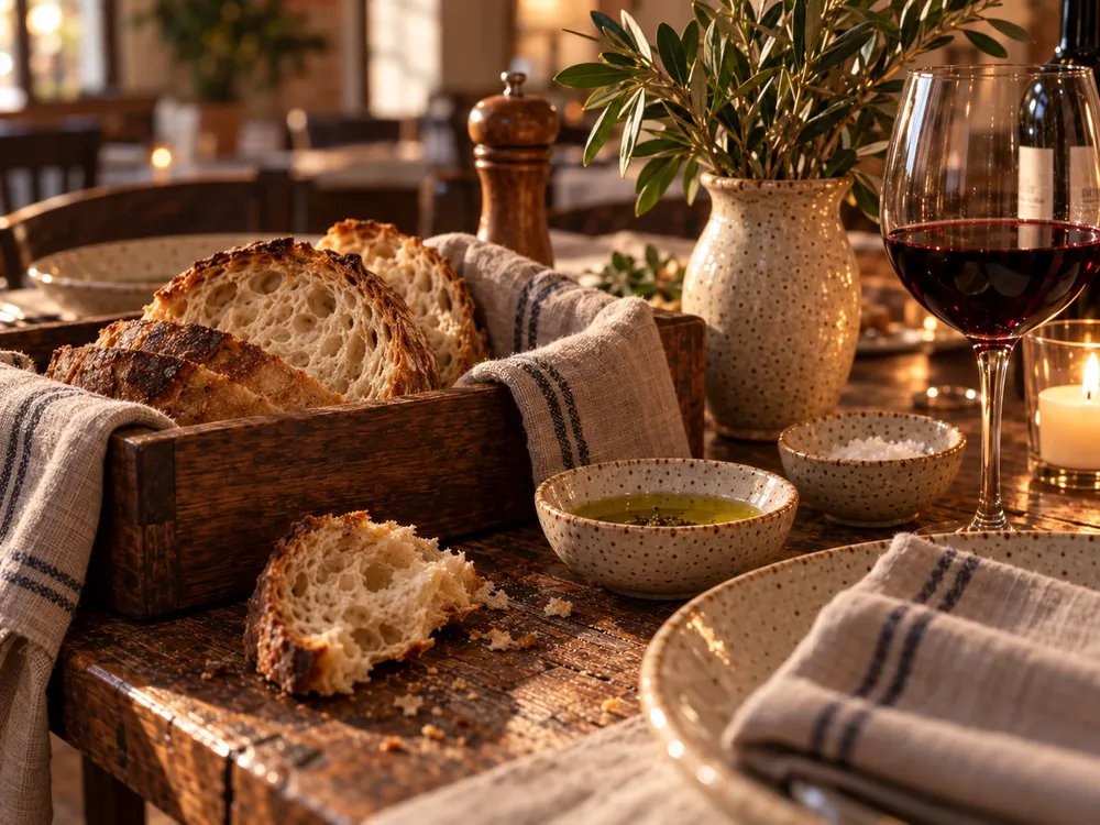 Dettaglio del tavolo: pane in cassetta su un canovaccio di lino avorio, ciotoline di ceramica color crema con olio e sale, un calice di vino rosso.